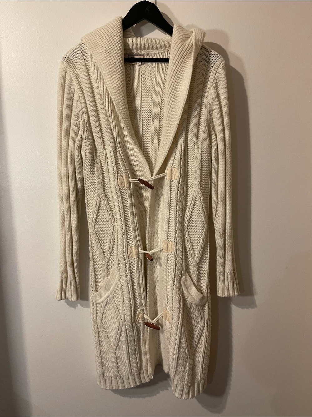 Maggie Cream Cable Knit Hooded Toggle Duster Cardigan Sweater S